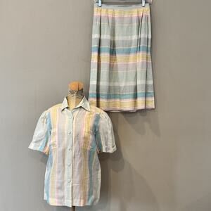 Vintage Linen Silk Skirt Set Women XS Pastel Stripe Anne Crimmins Umi Coastal
